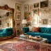 Wide shot of a small eclectic living room featuring a teal velvet sofa, vibrant gallery wall, and natural jute rug.