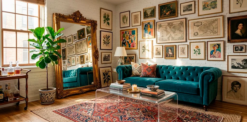 Wide shot of a small eclectic living room featuring a teal velvet sofa, vibrant gallery wall, and natural jute rug.