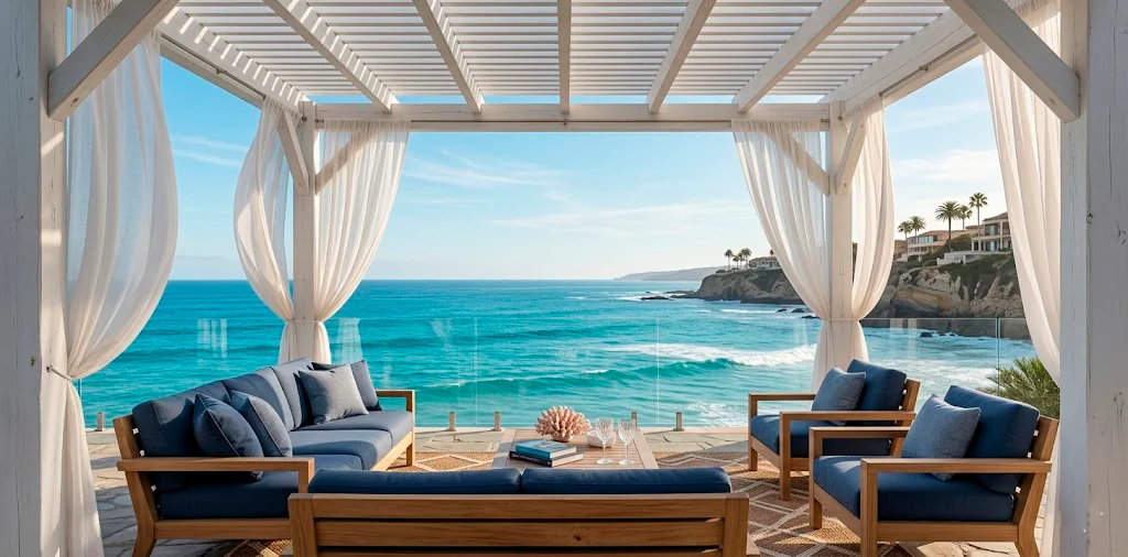 A wide 2:1 landscape of a luxurious white coastal pergola on a seaside deck with navy blue accents.