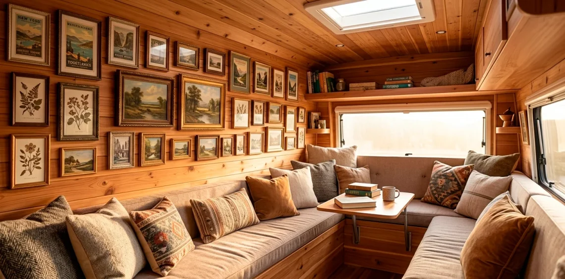 Wide panoramic shot of a cozy camper van interior featuring a beautifully curated tiny gallery wall on wood paneling.