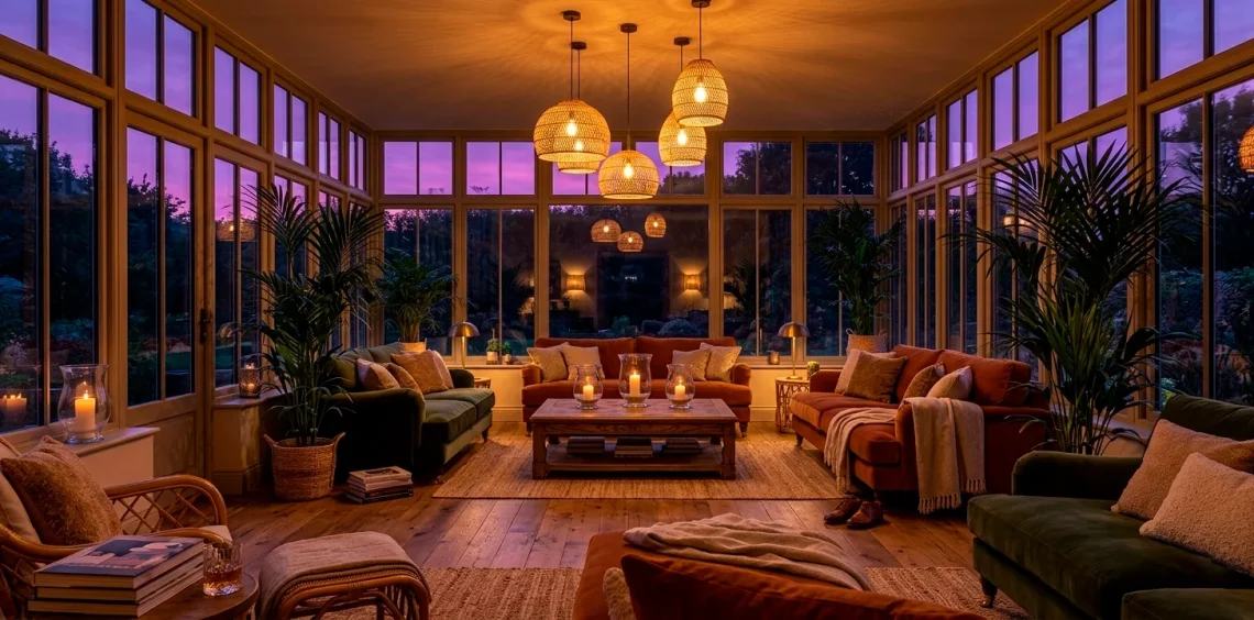 Luxurious sunroom at dusk filled with warm amber lighting and cozy furniture.