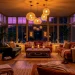 Luxurious sunroom at dusk filled with warm amber lighting and cozy furniture.