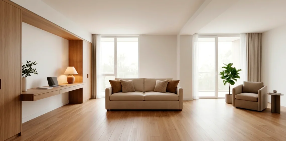 Modern multi-purpose home office and guest bedroom interior with sleeper sofa and wooden desk.