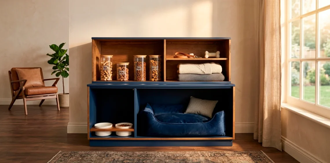 Upcycled vintage TV cabinet transformed into a trendy pet bed and feeding station in a modern living room.