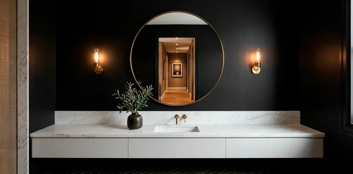 A wide-angle view of a modern luxury black powder room with marble vanity and gold accents.