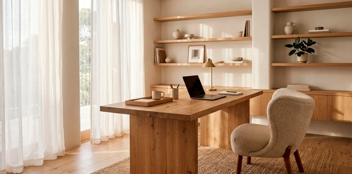 A modern warm minimalist home office featuring a light oak desk, a linen ergonomic chair, and pure linen curtains filtering soft natural light.