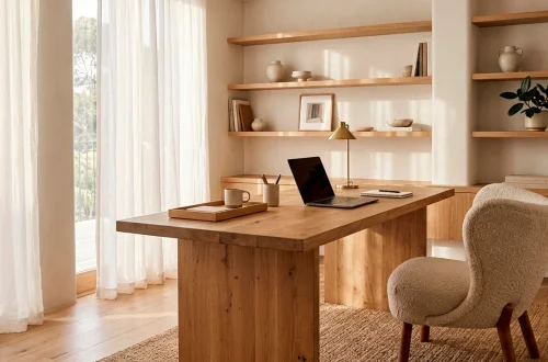 A modern warm minimalist home office featuring a light oak desk, a linen ergonomic chair, and pure linen curtains filtering soft natural light.