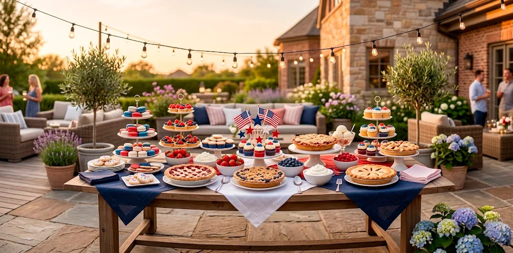 Wide view of a beautiful Memorial Day dessert table setup on an outdoor patio with festive treats and string lights.