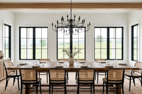 Wide view of a modern farmhouse dining room with wood table and black chandelier.