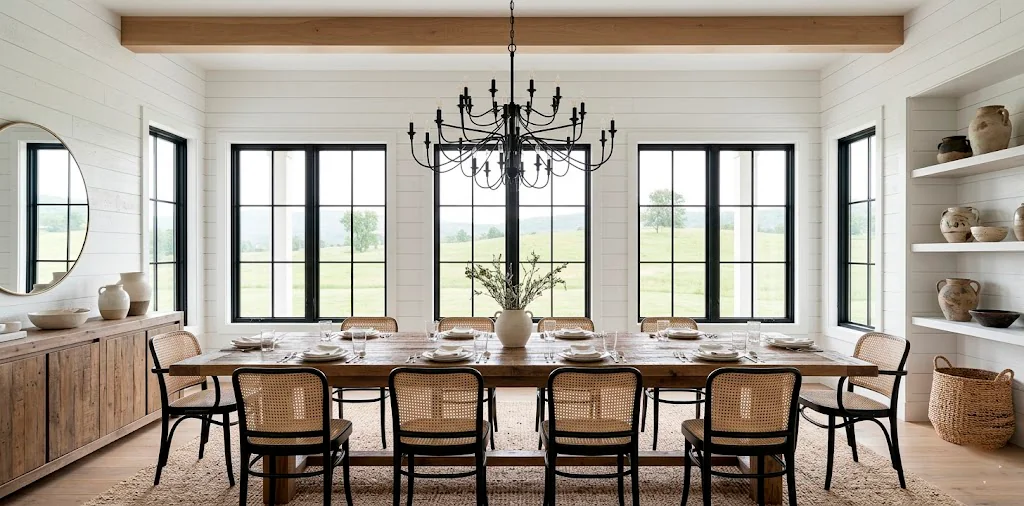 Wide view of a modern farmhouse dining room with wood table and black chandelier.