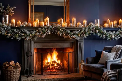 Glowing mercury glass pillar candles on a winter mantel surrounded by frosted pine garlands.