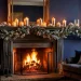 Glowing mercury glass pillar candles on a winter mantel surrounded by frosted pine garlands.