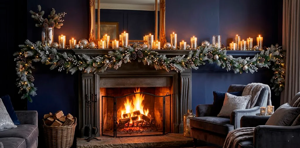 Glowing mercury glass pillar candles on a winter mantel surrounded by frosted pine garlands.