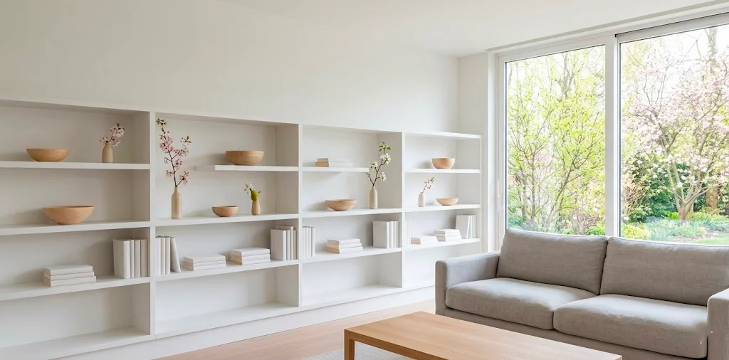Clean minimalist white shelves styled for spring with greenery and neutral ceramic decor in a sunny living room.