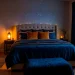 A wide, seamless banner of a whimsical and cozy guest bedroom with magical lighting and soft bedding.