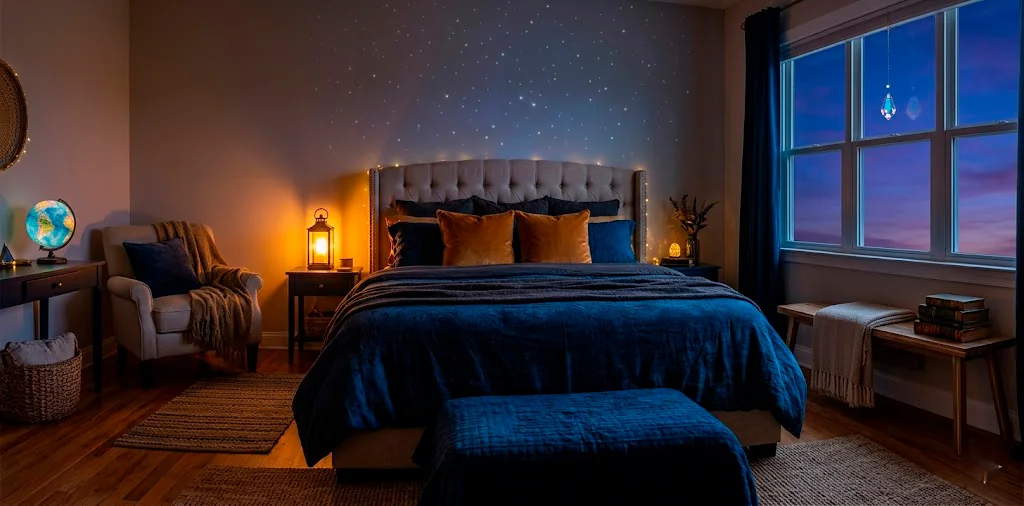 A wide, seamless banner of a whimsical and cozy guest bedroom with magical lighting and soft bedding.