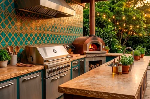 Luxurious outdoor kitchen with a colorful Moroccan tile backsplash and stainless steel grill at sunset.