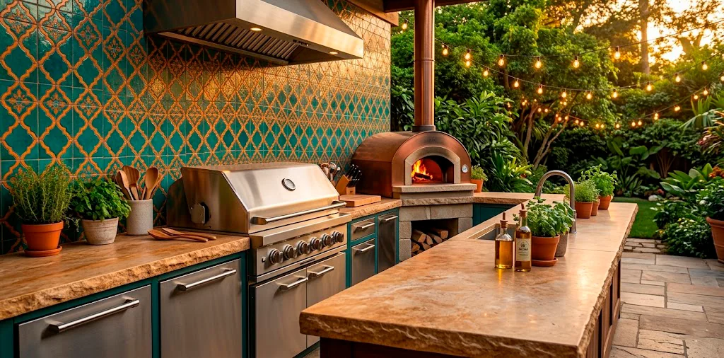 Luxurious outdoor kitchen with a colorful Moroccan tile backsplash and stainless steel grill at sunset.