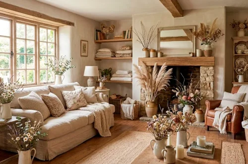 Whimsical cottagecore living room featuring dried flower arrangements and vintage decor