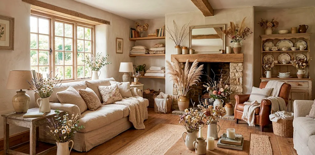 Whimsical cottagecore living room featuring dried flower arrangements and vintage decor