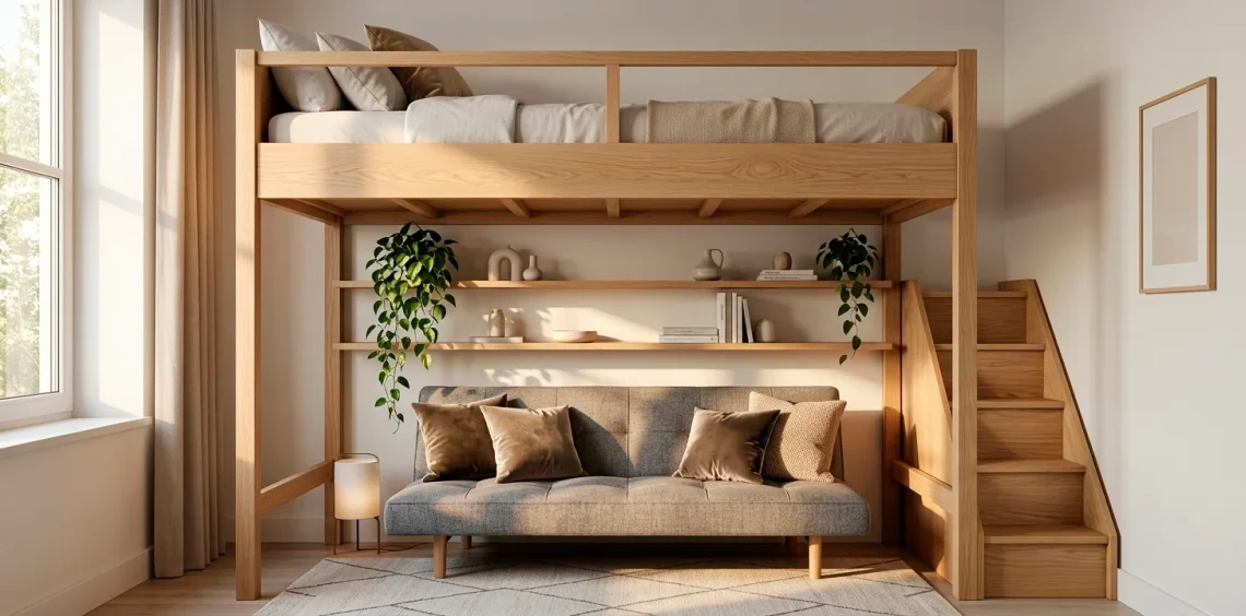A modern wooden loft bed with a stylish lounge area and futon underneath in a sunlit room.