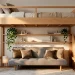 A modern wooden loft bed with a stylish lounge area and futon underneath in a sunlit room.