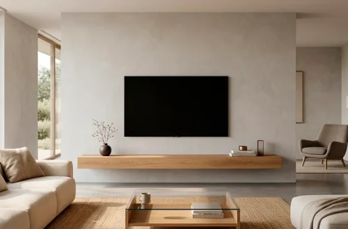 Modern minimalist living room featuring a sleek wooden fireplace mantel perfectly balancing a flat screen TV above.