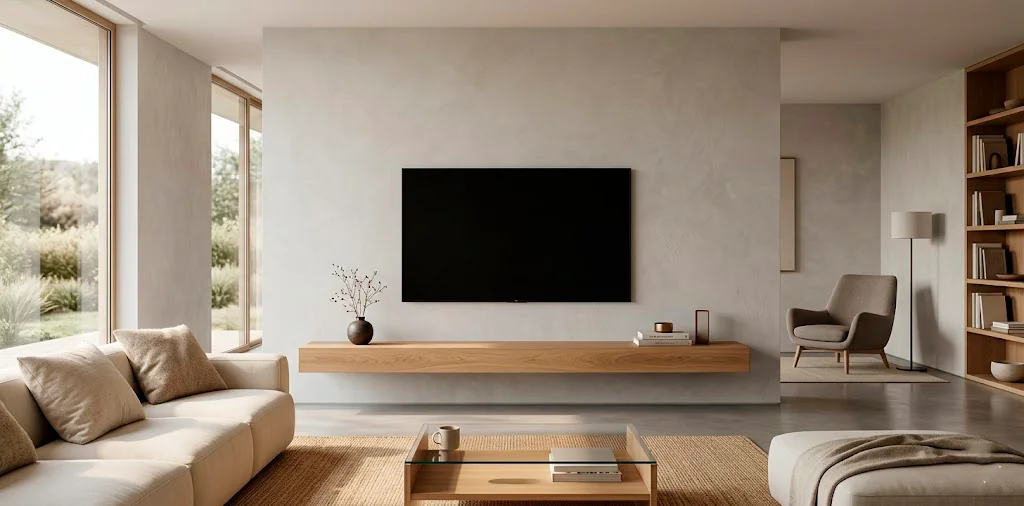 Modern minimalist living room featuring a sleek wooden fireplace mantel perfectly balancing a flat screen TV above.
