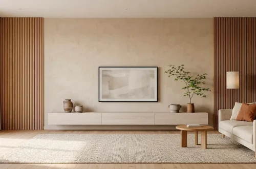 Minimalist Japandi TV wall featuring oak wood slats, limewash paint, floating console, and soft warm lighting.