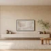 Minimalist Japandi TV wall featuring oak wood slats, limewash paint, floating console, and soft warm lighting.