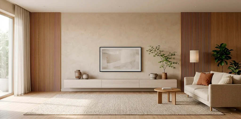 Minimalist Japandi TV wall featuring oak wood slats, limewash paint, floating console, and soft warm lighting.