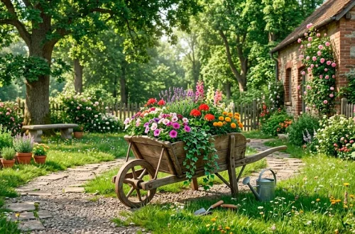 Rustic wooden wheelbarrow overflowing with colorful summer flowers in a country backyard garden