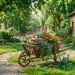 Rustic wooden wheelbarrow overflowing with colorful summer flowers in a country backyard garden