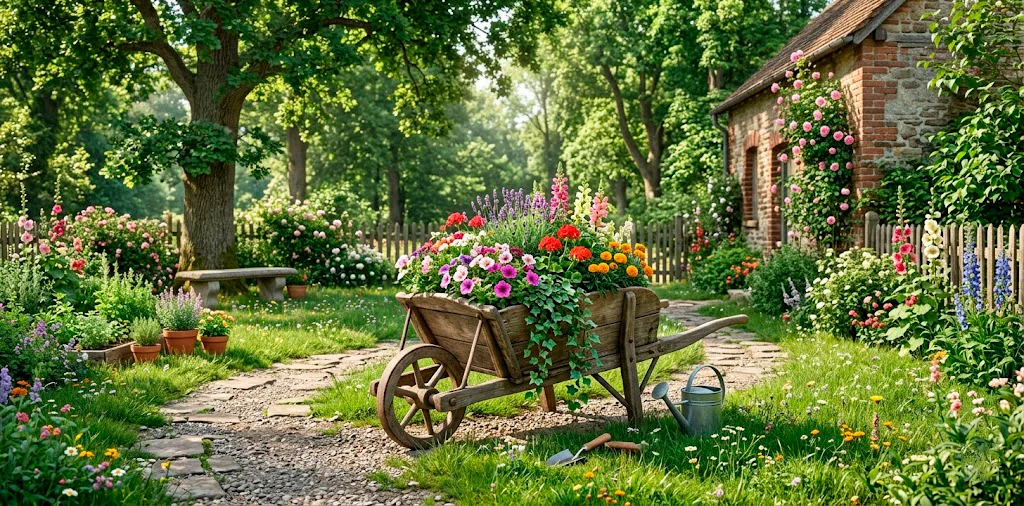 Rustic wooden wheelbarrow overflowing with colorful summer flowers in a country backyard garden