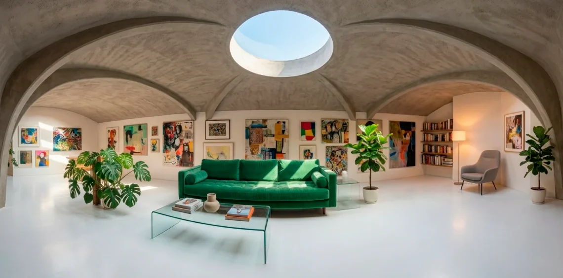 Wide panoramic view of a modern eclectic attic interior featuring exposed wood beams and colorful decor.