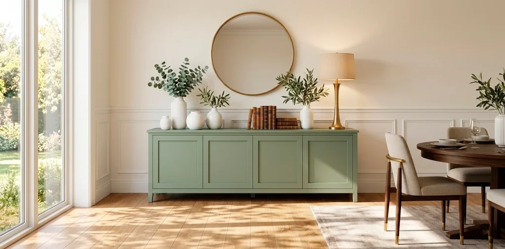 Wide view of a sage green painted buffet in a sunlit modern dining room with gold accents.