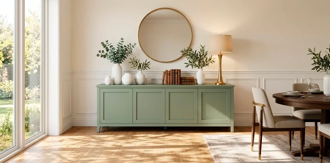 Wide view of a sage green painted buffet in a sunlit modern dining room with gold accents.