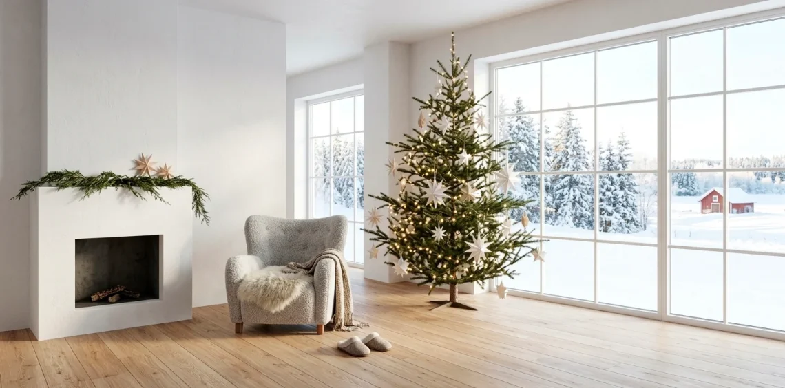 Wide horizontal view of a serene Nordic Christmas living room with white decor and minimalist pine tree.