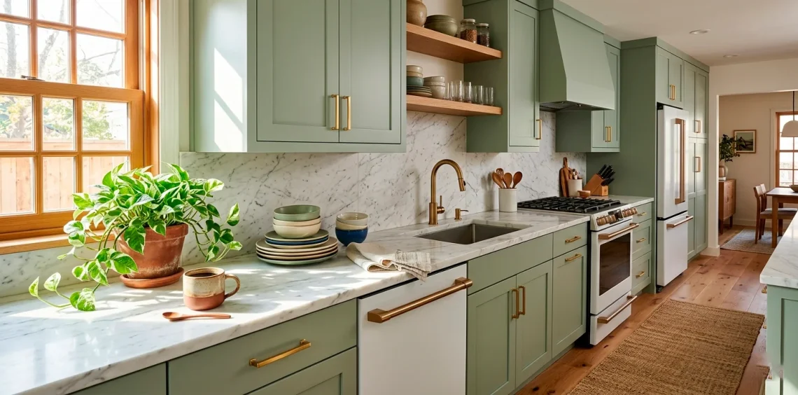 Beautifully painted soft sage green kitchen cabinets with brass hardware in a modern rental home.