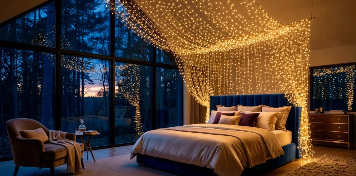 Wide panoramic shot of a magical bedroom with a sprawling golden fairy light canopy over a large bed.