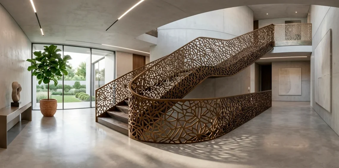 Wide shot of a luxury home featuring a modern geometric laser-cut metal staircase railing and minimalist decor.