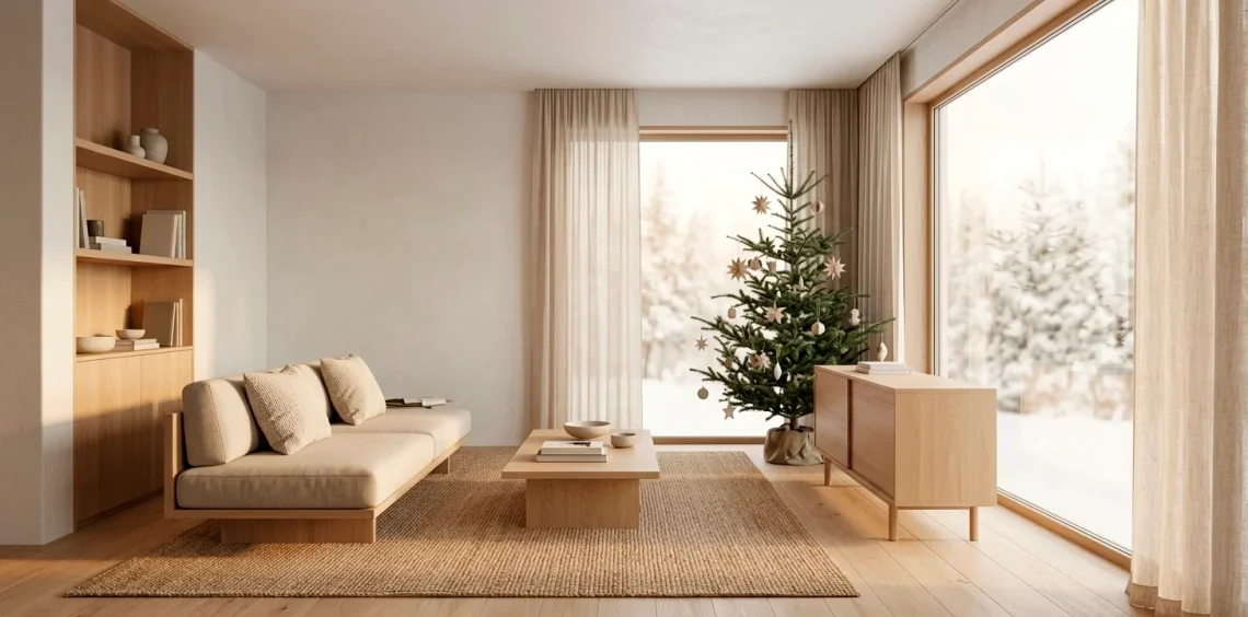 Minimalist Japandi living room featuring a sparse Christmas tree with neutral ornaments and warm lighting.