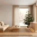 Minimalist Japandi living room featuring a sparse Christmas tree with neutral ornaments and warm lighting.