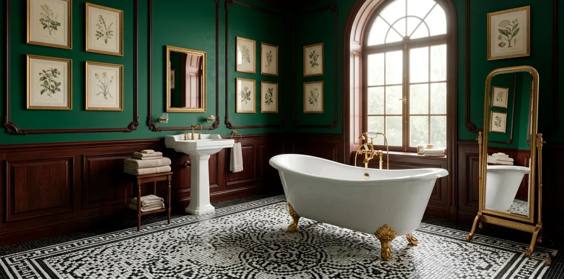 Luxurious Victorian bathroom with emerald walls, clawfoot tub, and brass fixtures in a seamless 2:1 panoramic view.