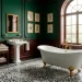 Luxurious Victorian bathroom with emerald walls, clawfoot tub, and brass fixtures in a seamless 2:1 panoramic view.