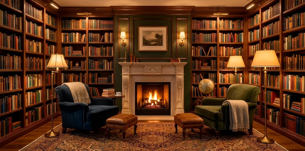 Wide cozy home library with a roaring fire in a classic limestone fireplace mantel flanked by bookshelves.