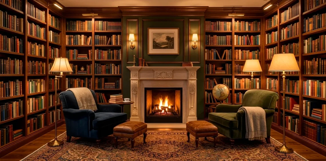 Wide cozy home library with a roaring fire in a classic limestone fireplace mantel flanked by bookshelves.