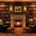 Wide cozy home library with a roaring fire in a classic limestone fireplace mantel flanked by bookshelves.