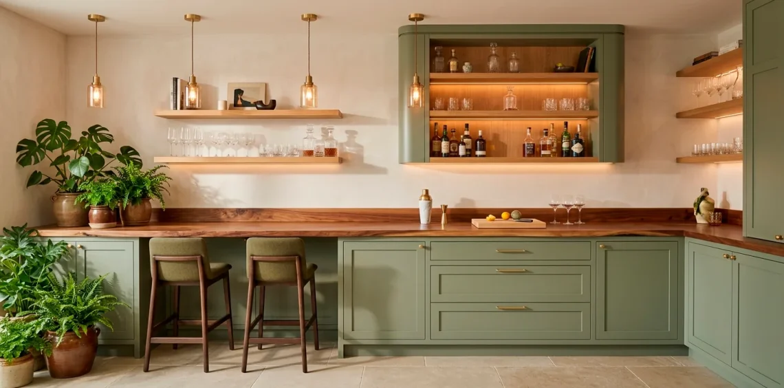 Luxurious sage green home bar with live edge wood countertop and ambient lighting for a natural aesthetic.