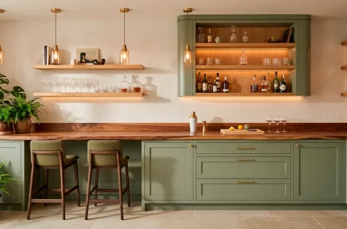 Luxurious sage green home bar with live edge wood countertop and ambient lighting for a natural aesthetic.